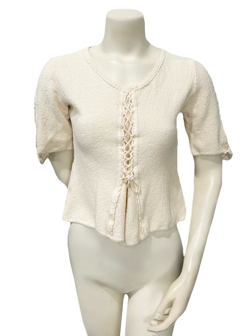 Senora Caballero Handmade Peru Cotton Knit Lace-Up Boho Top Size Small Ivory